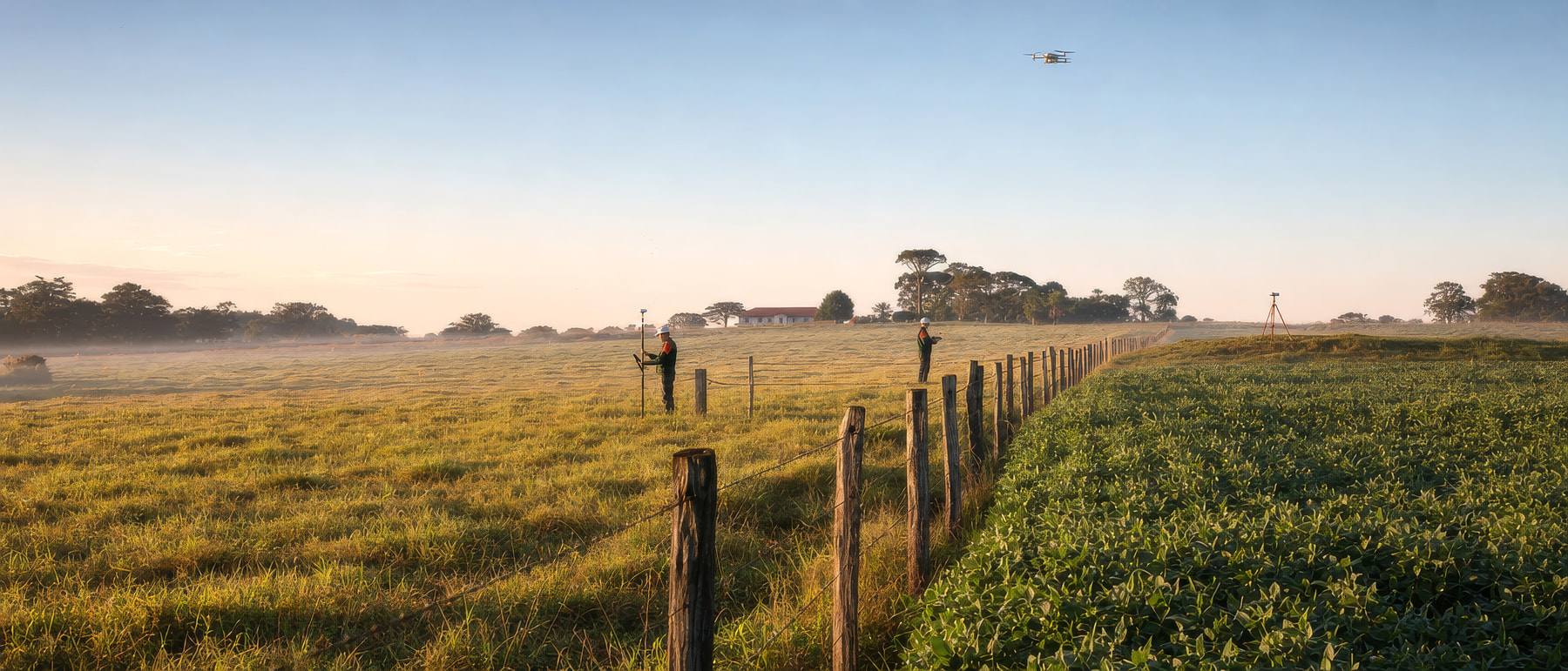 Equipe da Terra Registros em levantamento ao amanhecer: um agrimensor opera receptor GNSS RTK sobre bastão enquanto outro pilota um drone, com a estação base em tripé ao fundo, ao longo da cerca que divide pastagem e lavoura de soja
