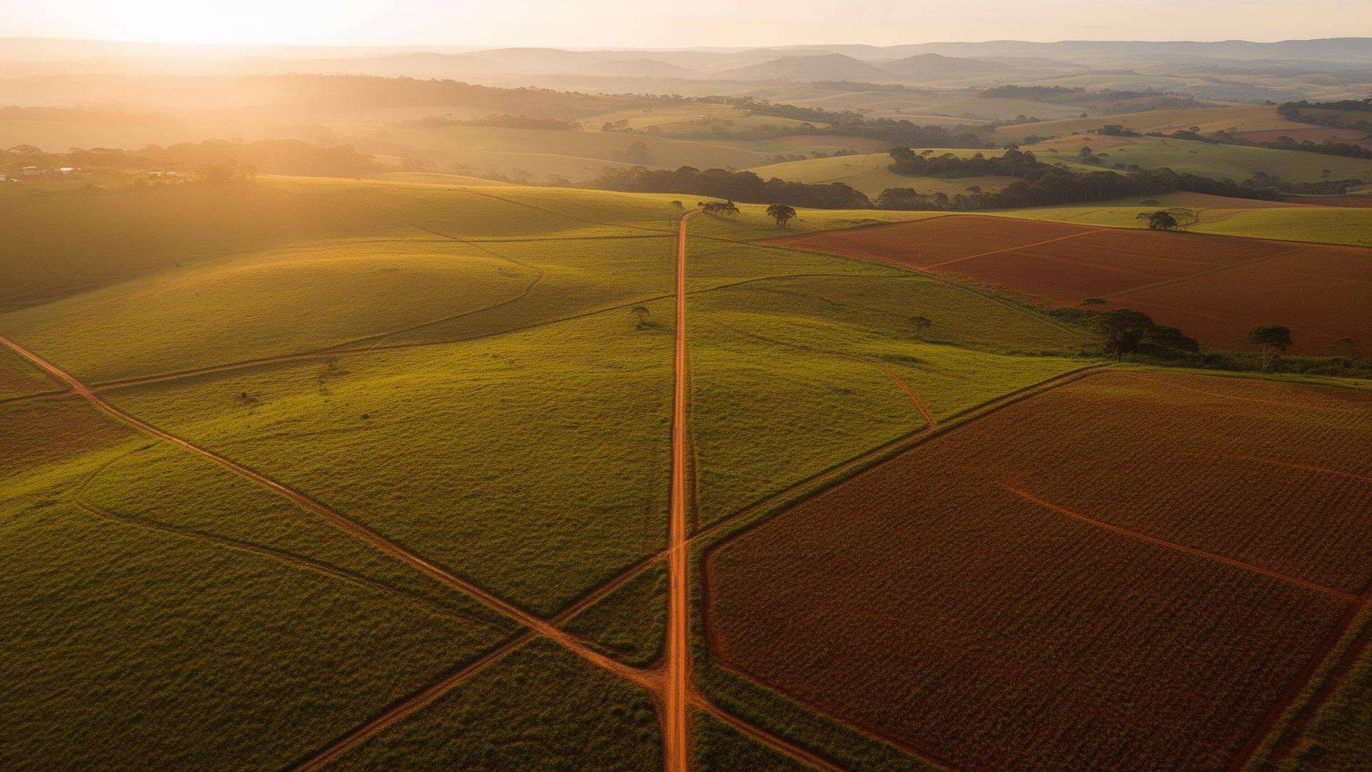 Vista aérea de propriedade rural brasileira com divisas demarcadas e área de expansão urbana ao fundo